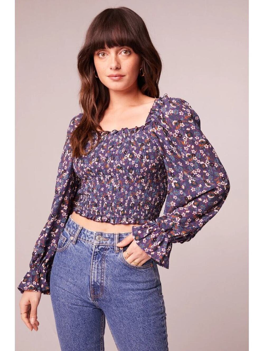 Band of Gypsies Band of the Free Women's Agathe Purple Floral Smocked Top Size S
